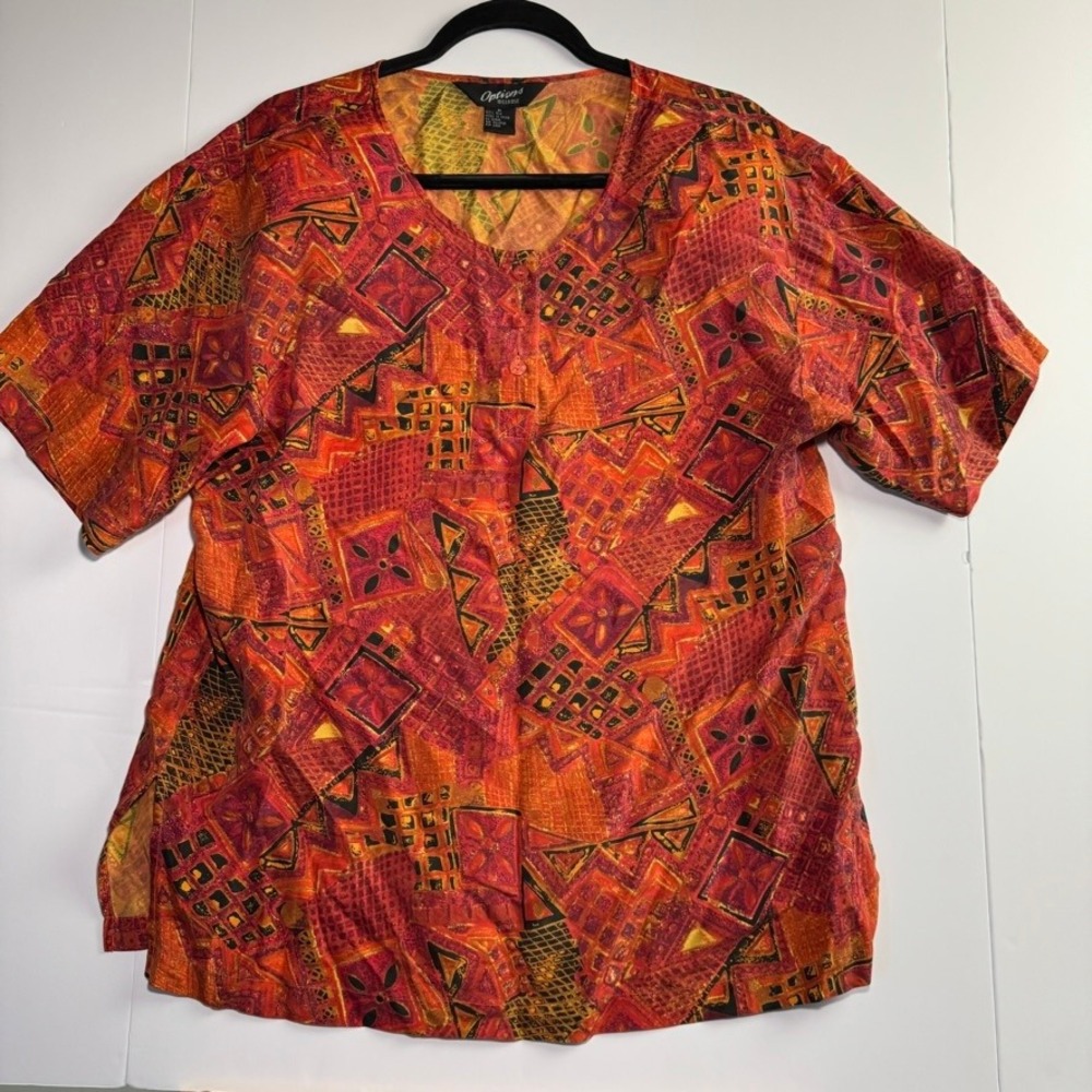 Options Melrose Womens Medium 100% Silk Blouse Orange Red Geometric Abstract Top
